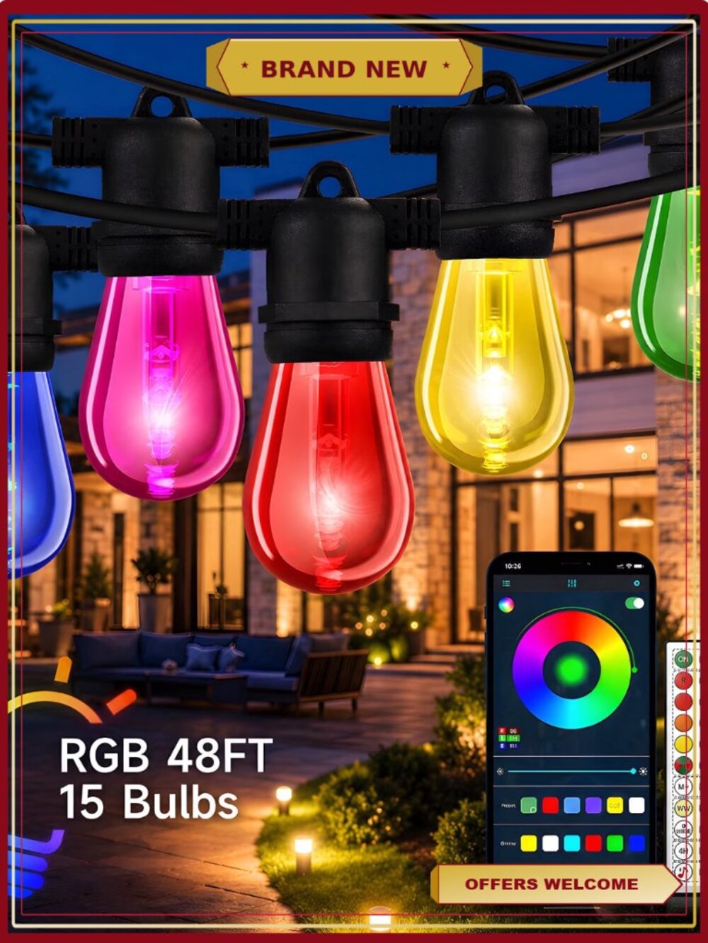 48FT RGBIC Outdoor String Lights Remote App Control Waterproof 15 Bulbs